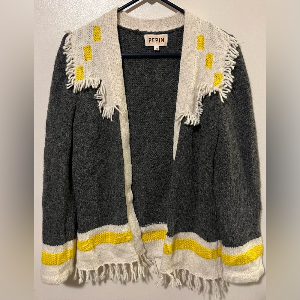 Anthropologie Pepin 97% Alpaca Fringe/Tassel Knit Cardigan Sweater, Sz XS